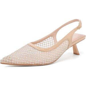 Mostrin Kitten Heel Nude Rhinestone Low Slingback Heels with Buckle Dress Shoes